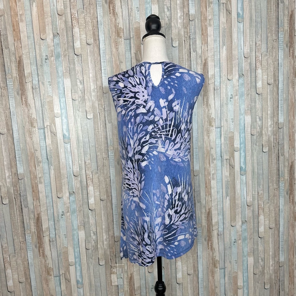 Clara Sun Woo XL Blue Artsy Botanical Print Asymmetric Jersey Tunic Top Tank - Picture 5 of 7